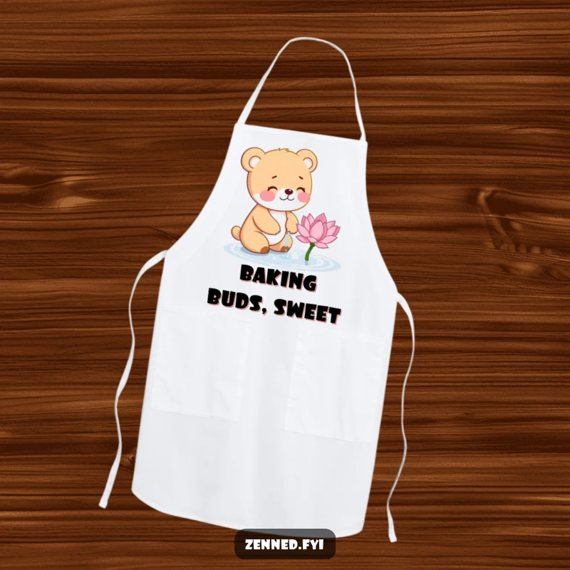 Funny Bear Cub Apron: Giggling cub waters a lotus flower, a humorous and charming kitchen accessory.