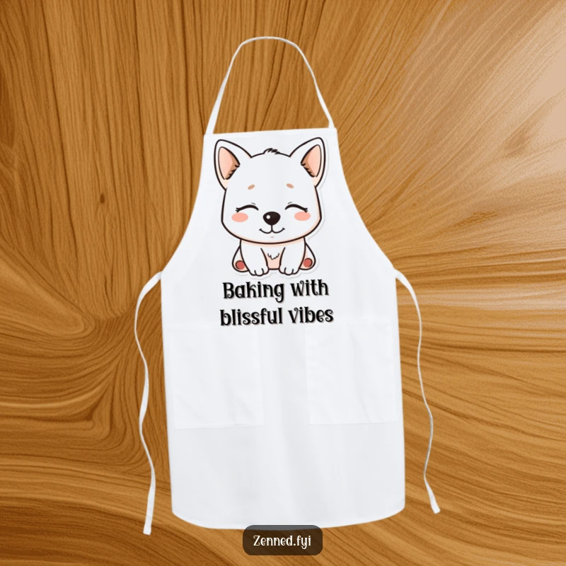 Funny Kawaii Dog Apron with a serene, smiling character, designed for kitchen fun and protection.