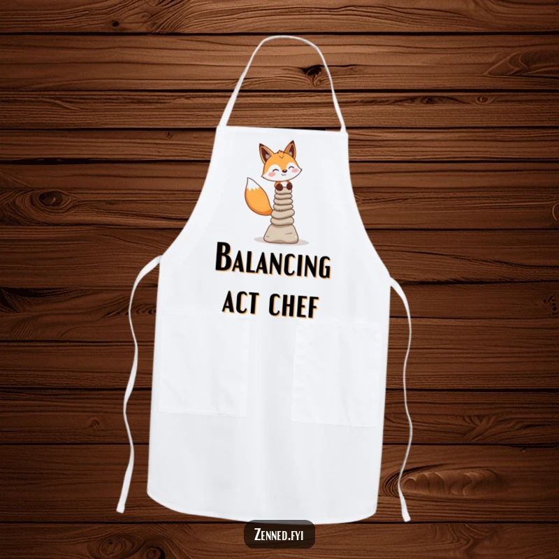 Funny Fox Apron: A cheerful fox balances cairns while cooking, a humorous and practical kitchen accessory.