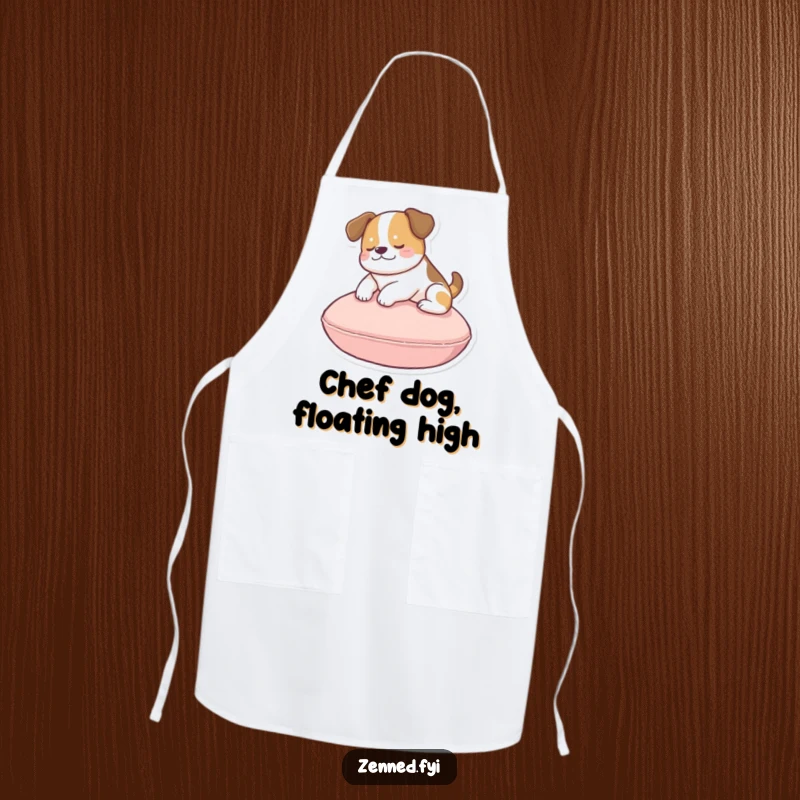 Funny dog cushion apron showing a peaceful dog gently floating above a cushion, keeping you clean and happy.