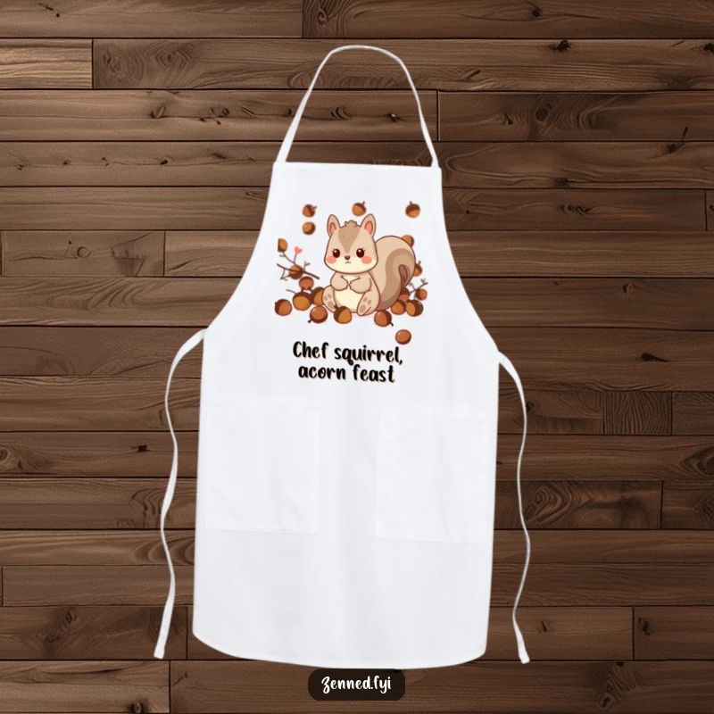 Funny Kawaii Squirrel Apron: Features a playful squirrel character amidst acorns, perfect for keeping clothes clean during kitchen fun.