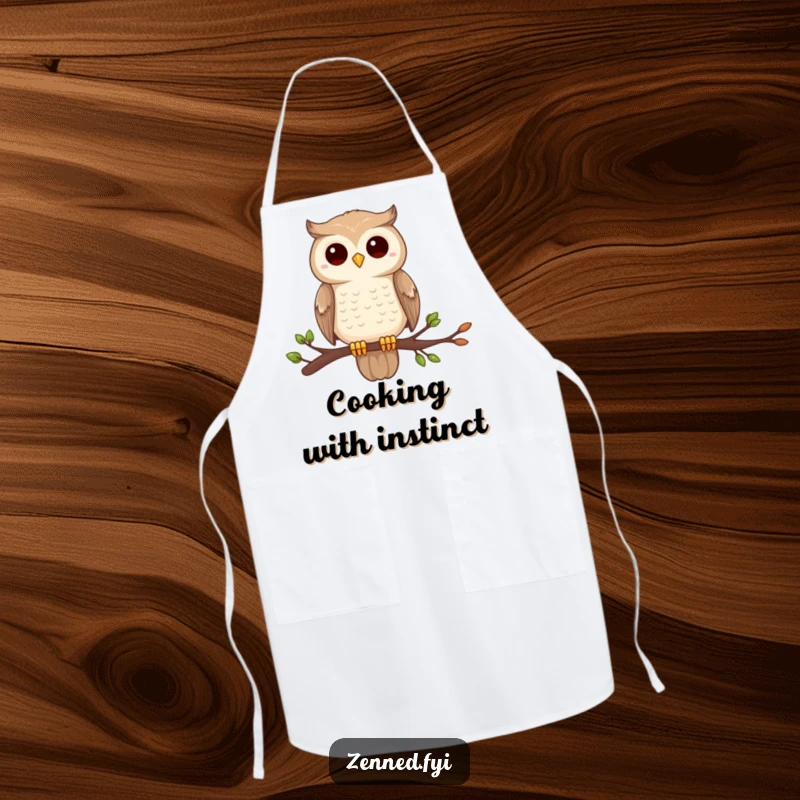 Funny owl zen apron, perched on a branch, completely still and centered, ideal for humorous kitchen tasks.