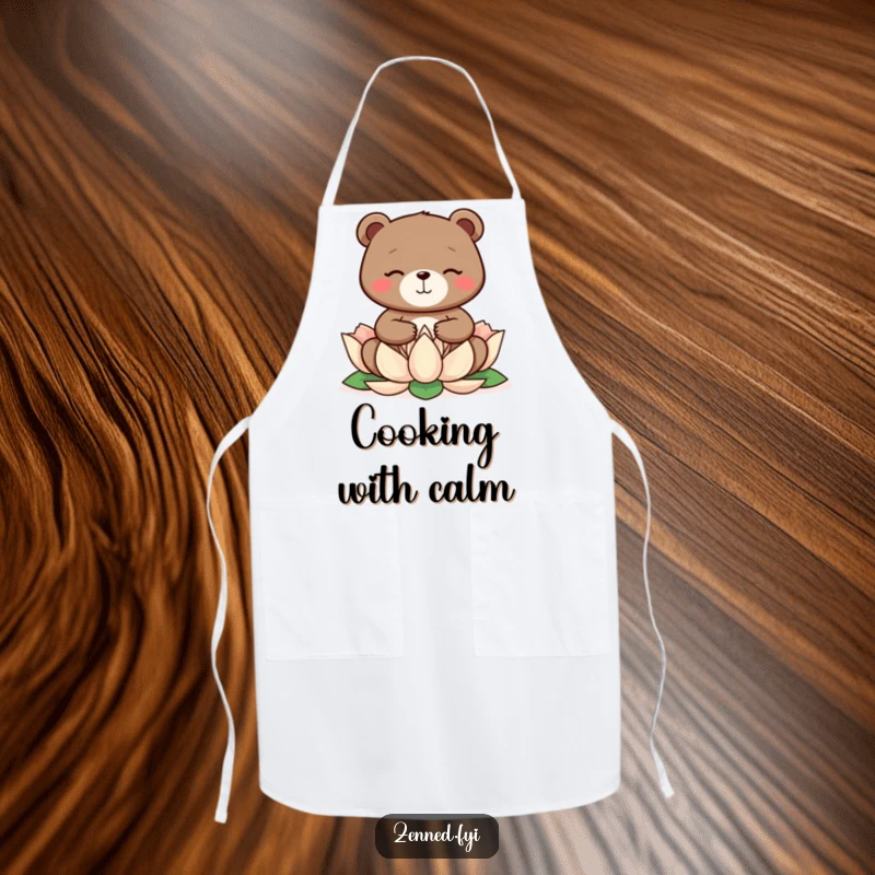 Funny bear meditating on a lotus flower, featured on a chef's apron, an ideal funny gift.
