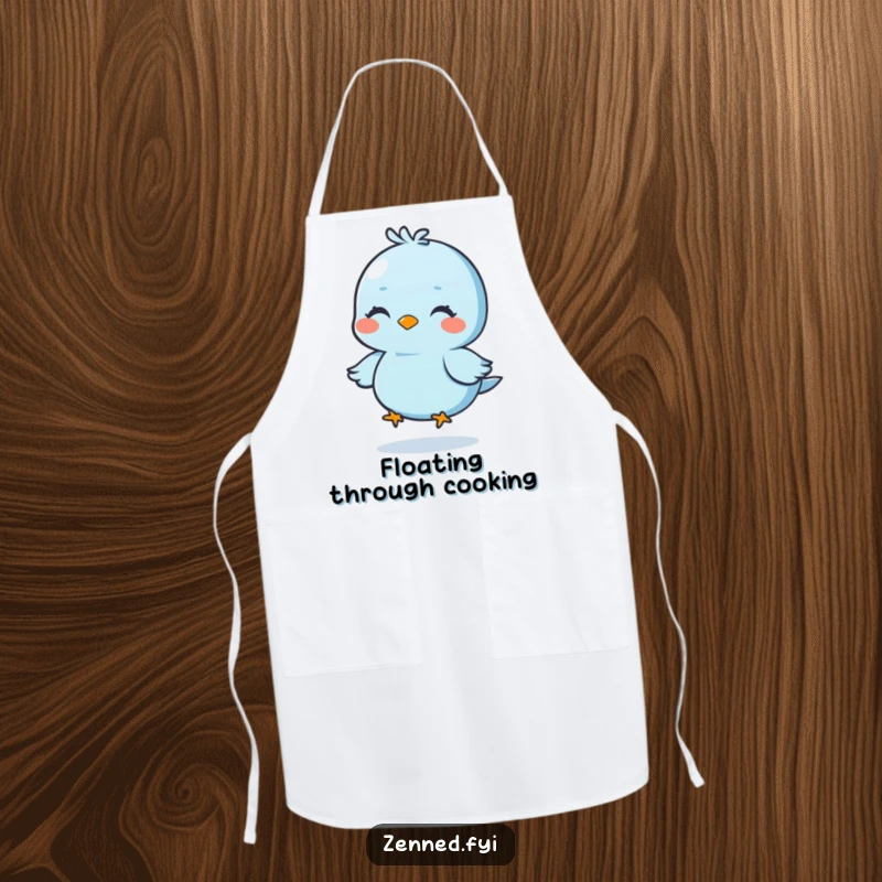 Funny apron featuring a calm blue bird meditating while floating, practical and humorous kitchen wear, ideal funny gift.