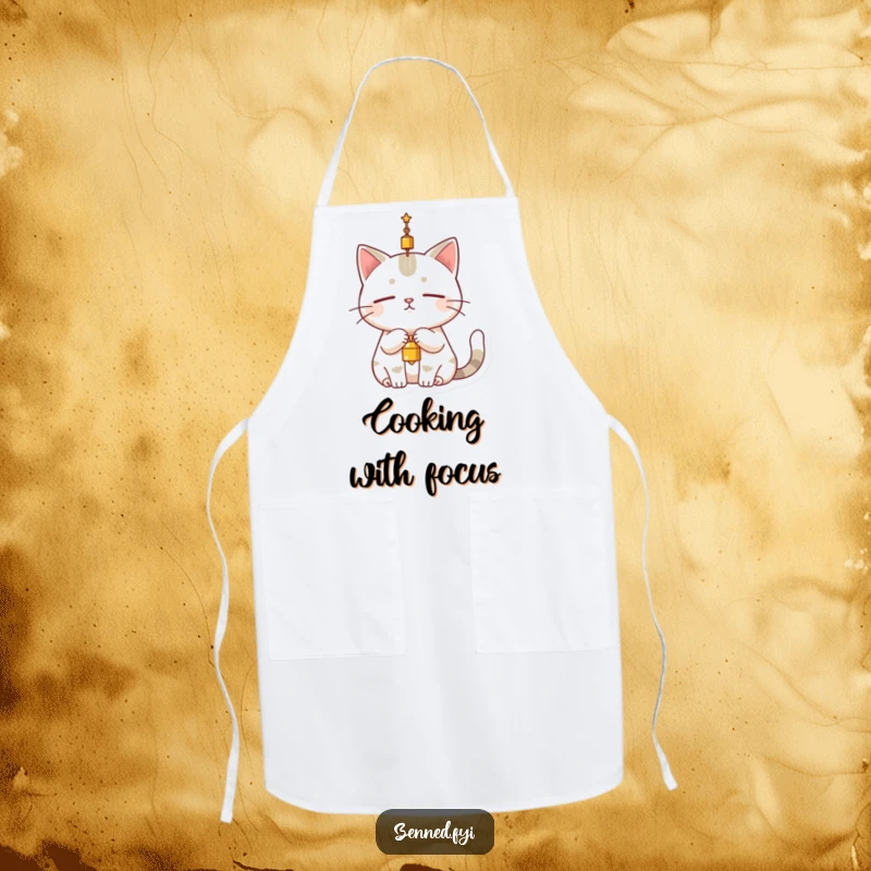 Funny cat apron with a serene character dangling a small bell above its head, completely still, perfect for kitchen calm humor.