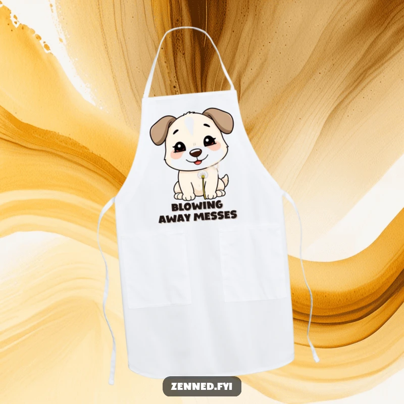Funny Apron: A smiling dog blowing on a dandelion puff, adding whimsical charm and hopeful humor to kitchen activities.