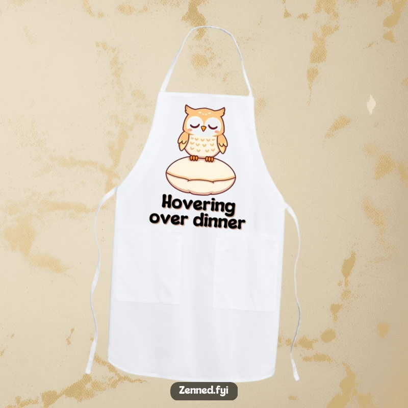 Funny owl character peacefully floating above a cushion, featured on a practical and magical, humorous apron.
