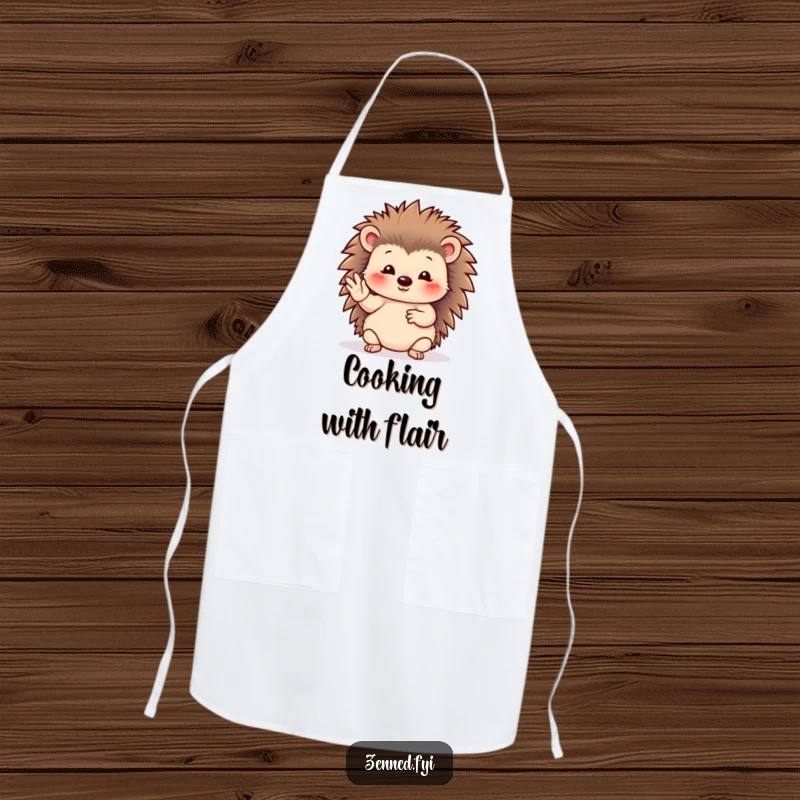 Funny hedgehog apron depicting a serene creature performing an elegant hand gesture, suitable for cooking and kitchen fun.