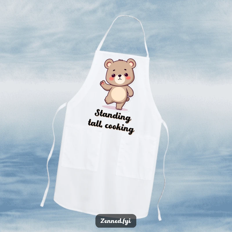 Funny Kawaii bear apron with a determined character balancing on one leg, perfect for kitchen use and adding humorous motivation as a gift.