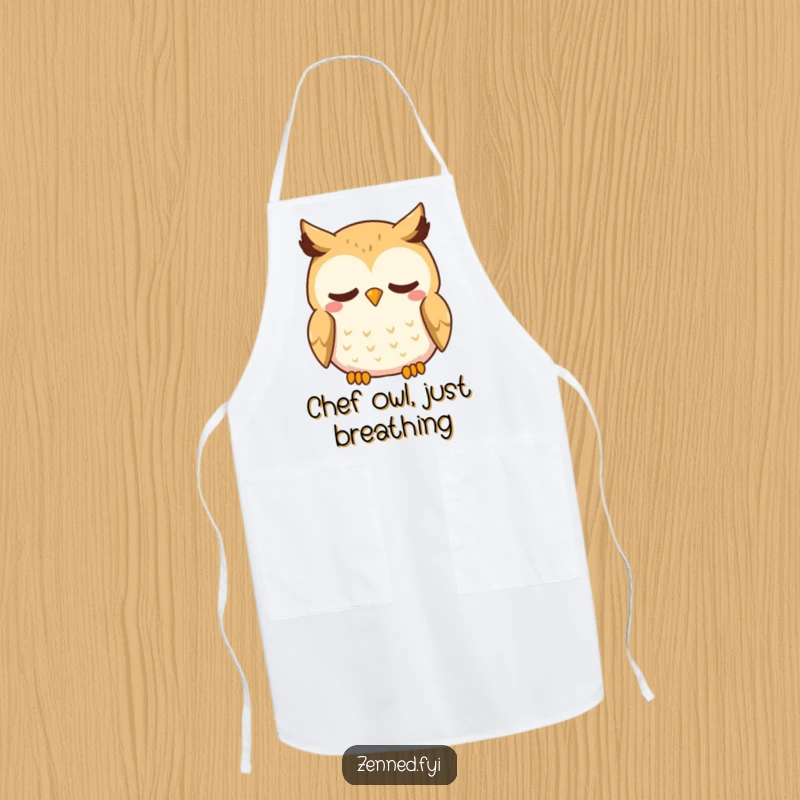 Funny Kawaii Owl Apron: Features a curious owl character with a gentle smile, breathing deeply, perfect for calm and clean cooking.