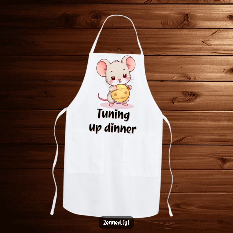 Funny apron featuring a playful mouse tapping a gong, designed for kitchen fun and humorous cooking sessions.