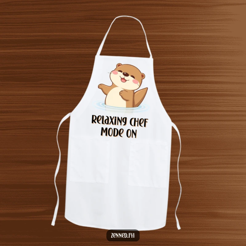 Funny Otter Apron with a cartoon otter floating joyfully on its back, designed for kitchen fun and humorous cooking sessions.