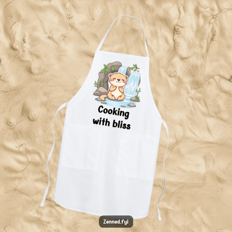 Funny otter apron with a playful character meditating happily beside a miniature flowing waterfall, perfect for kitchen zen humor.