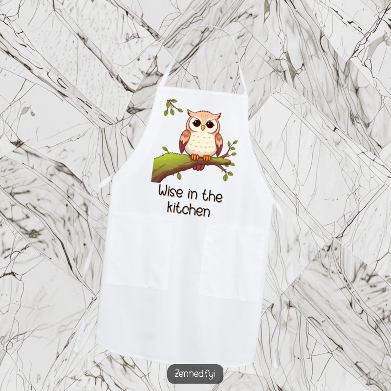 Funny peaceful owl apron depicting a serene owl on a mossy branch, ideal for kitchen tasks with a humorous, calm flair.