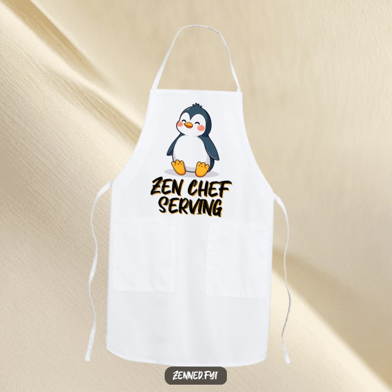 Funny apron featuring a proud penguin in a perfectly balanced meditative posture, perfect for kitchen tasks with a peaceful, humorous attitude.