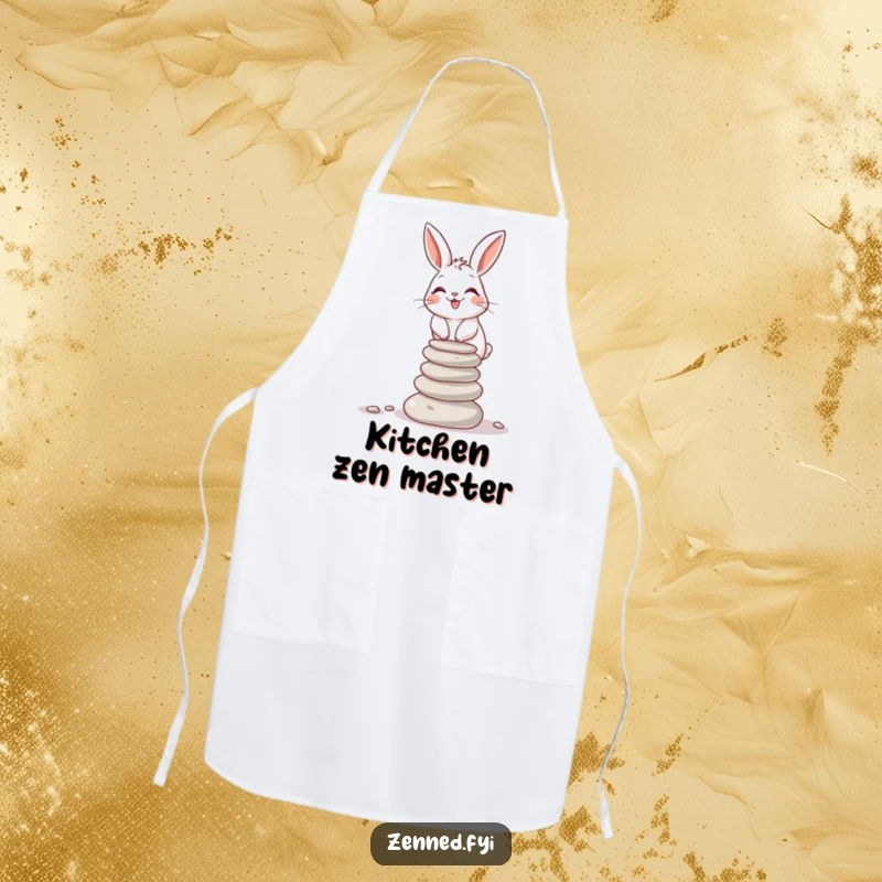Funny giggling rabbit balancing stones on a chef's apron, an ideal funny gift.