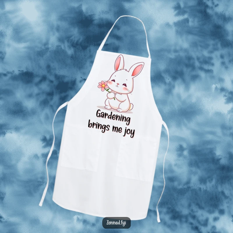 Funny rabbit flower apron showing a serene rabbit holding a tiny blooming flower, bringing charm to tasks.