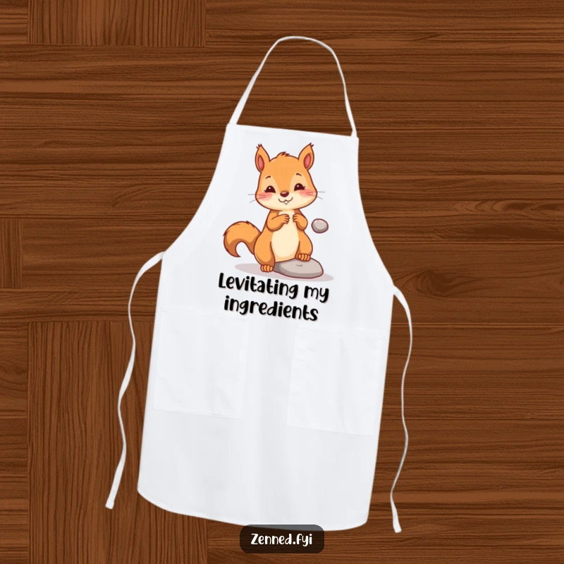 Funny apron featuring a playful squirrel gently levitating a tiny pebble, perfect for kitchen tasks requiring a touch of magical assistance.