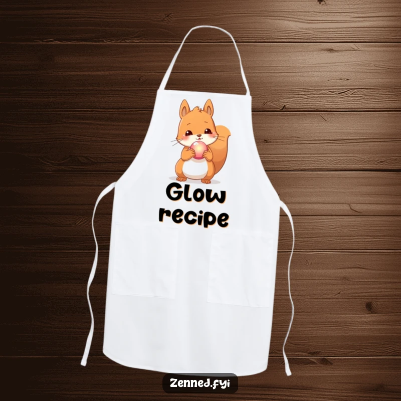 Funny apron featuring a content squirrel holding a glowing orb, ideal for kitchen tasks and spreading enchantment.