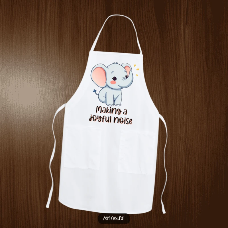 Funny cheerful elephant blowing a horn on a chef's apron, an ideal funny gift.