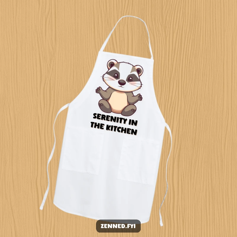 Funny badger meditation apron, a determined animal in a calm zen pose, perfect for humorous kitchen activities.