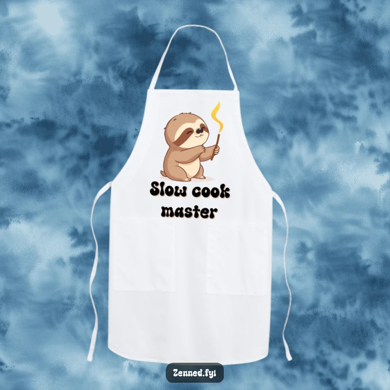 Funny sloth slowly reaching for a glowing incense stick on a kitchen apron, adding unique humor and practicality for a funny gift.