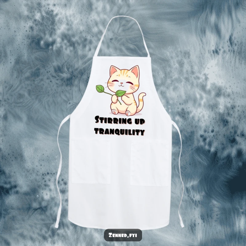 Funny kawaii cat apron, a cute illustration of a cat releasing a leaf, making cooking fun and funny with its charming design.