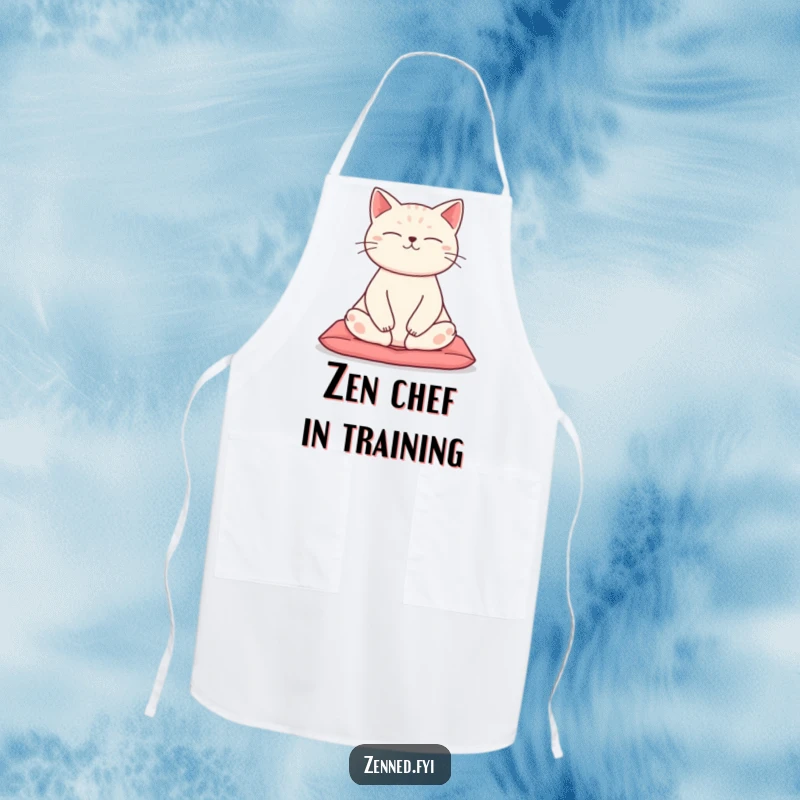 Funny Zen Cat Apron featuring a meditating cat in lotus position, a humorous kitchen accessory for yoga enthusiasts.