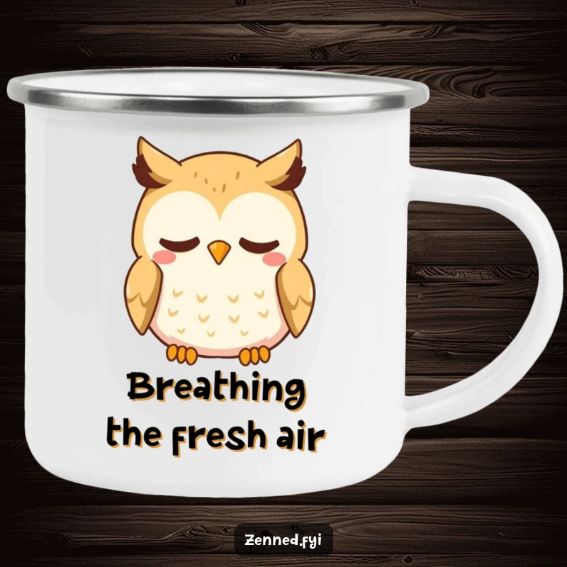 Funny Kawaii Owl Camping Mug: A sturdy mug featuring a curious owl with a gentle smile, breathing deeply, perfect for outdoor serenity.