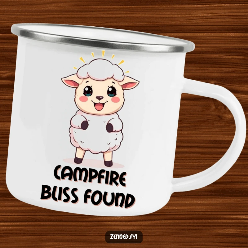 Funny camping mug featuring a joyful sheep with a radiant halo, perfect for outdoor blessings and good cheer.