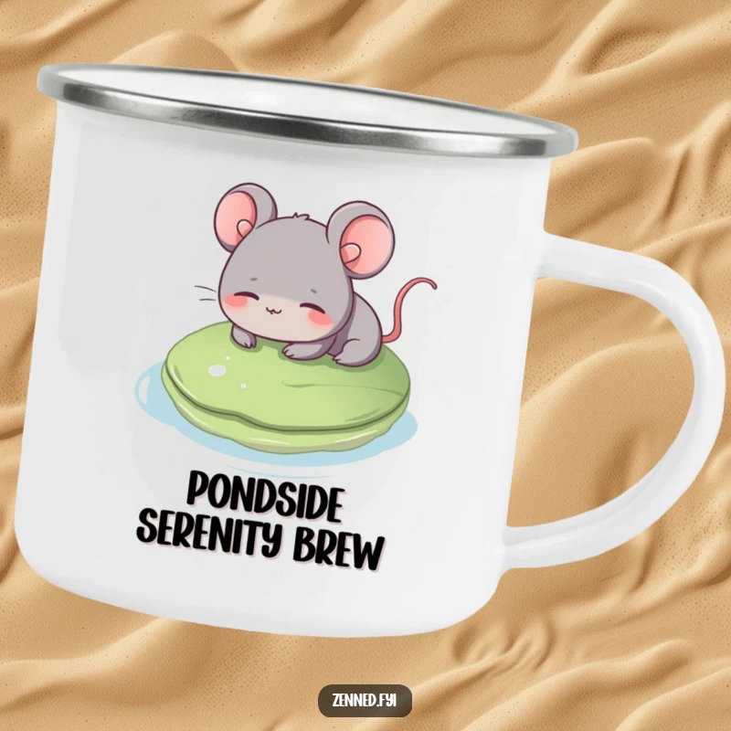 Funny grey mouse camping mug, floating serenely, relaxed and smiling, durable for outdoors, a peaceful funny gift.