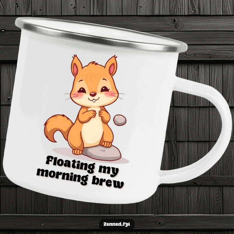 Funny camping mug with a playful squirrel gently levitating a tiny pebble, perfect for outdoor adventures and those who love a touch of magic.