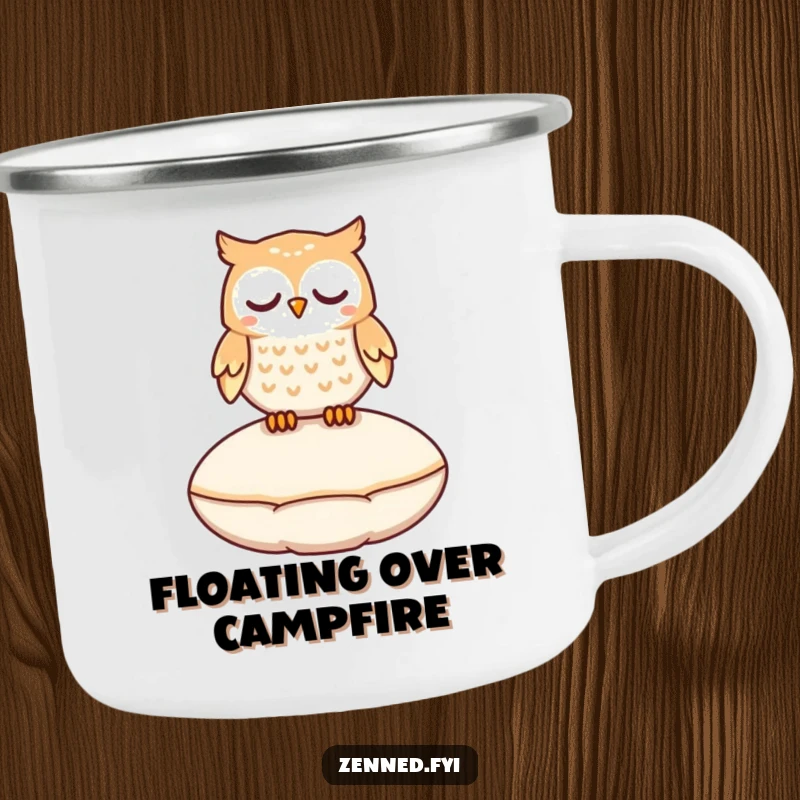 Funny owl character peacefully floating above a cushion on a durable camping mug for outdoor magic and humor.