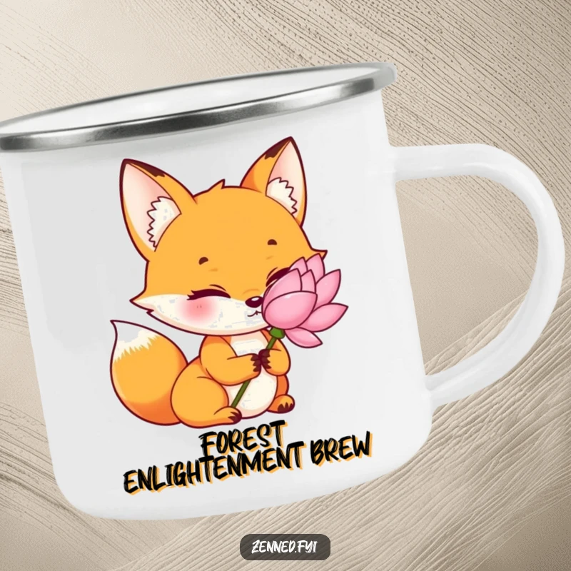 Funny orange fox camping mug, tranquil and determined, holding a lotus, durable for outdoors, a peaceful funny gift.