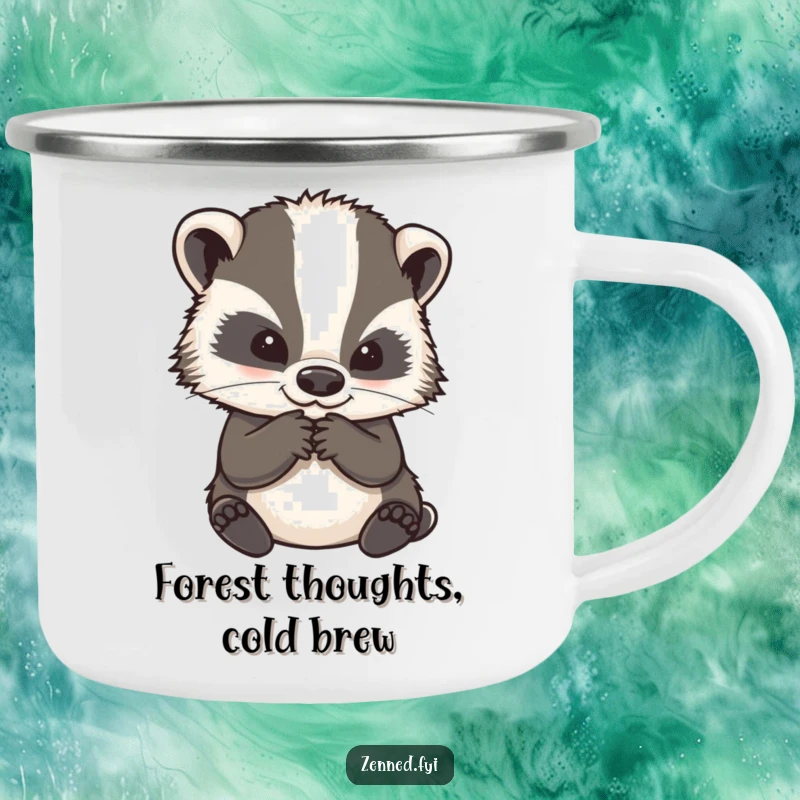 Funny camping mug featuring a wise badger character in deep contemplation, perfect for sipping and thinking in the wild.