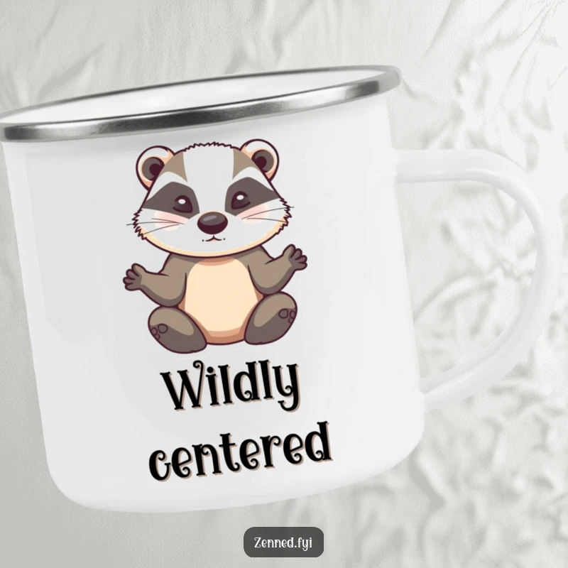 Funny badger meditation camping mug, a determined animal in a serene zen pose, durable and humorous for outdoor use.