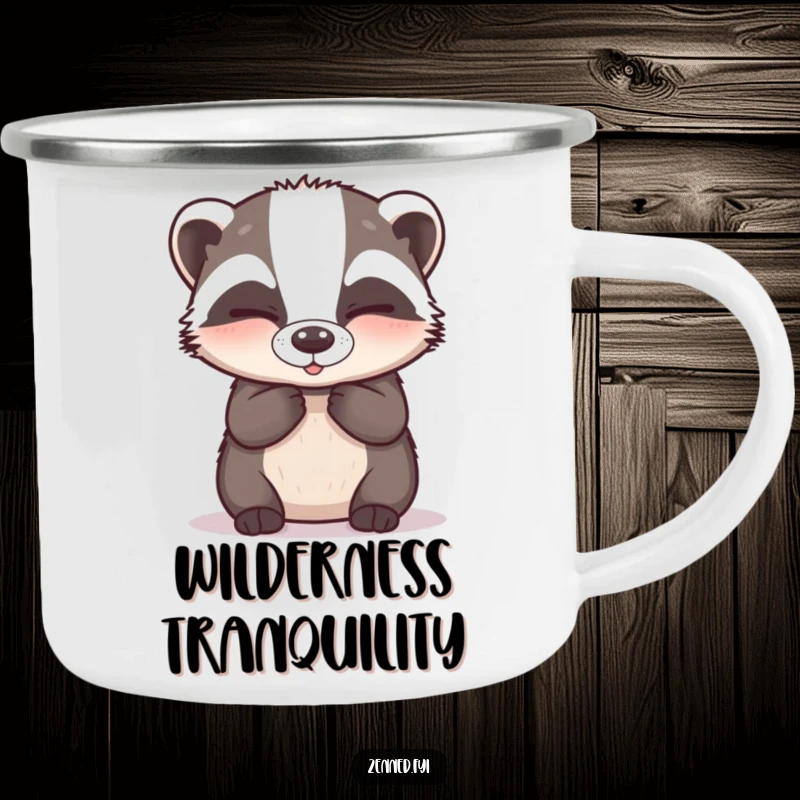 Funny Camping Mug: A happy badger breathing deeply with closed eyes, perfect for outdoor zen and humor.