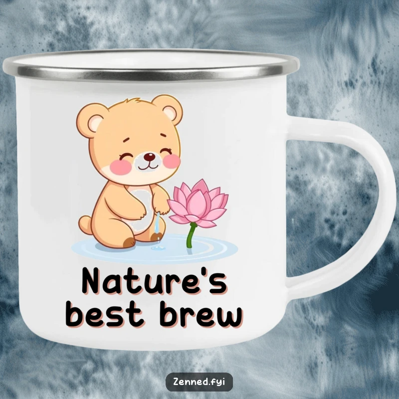 Funny Bear Cub Camping Mug: Durable mug featuring a giggling cub tending a lotus, perfect for outdoor enjoyment.