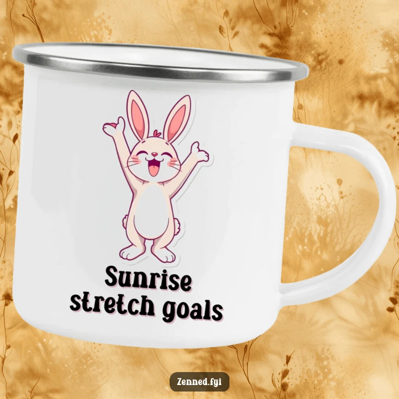 Funny Camping Mug featuring a jubilant bunny character stretching towards the sky, radiating hilarious joy for outdoor use.