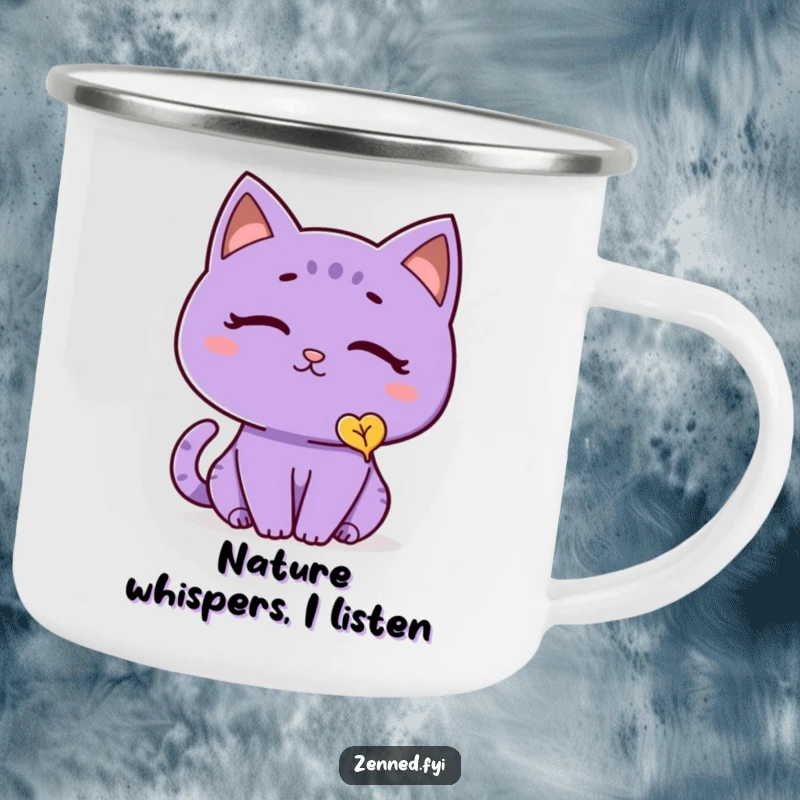Funny cat camping mug showing a thoughtful purple cat with a peaceful expression, observing a single falling leaf, ideal for serene outdoor enjoyment.