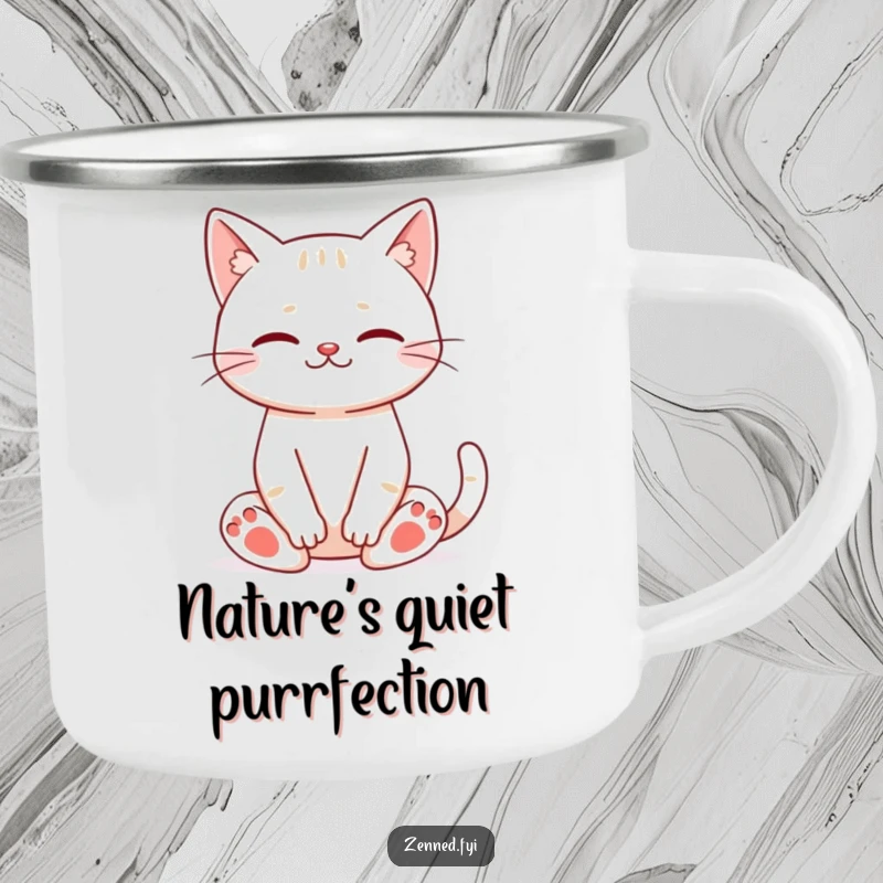 Funny cat meditation camping mug with a happy cat in a serene pose, perfect for enjoying drinks outdoors.