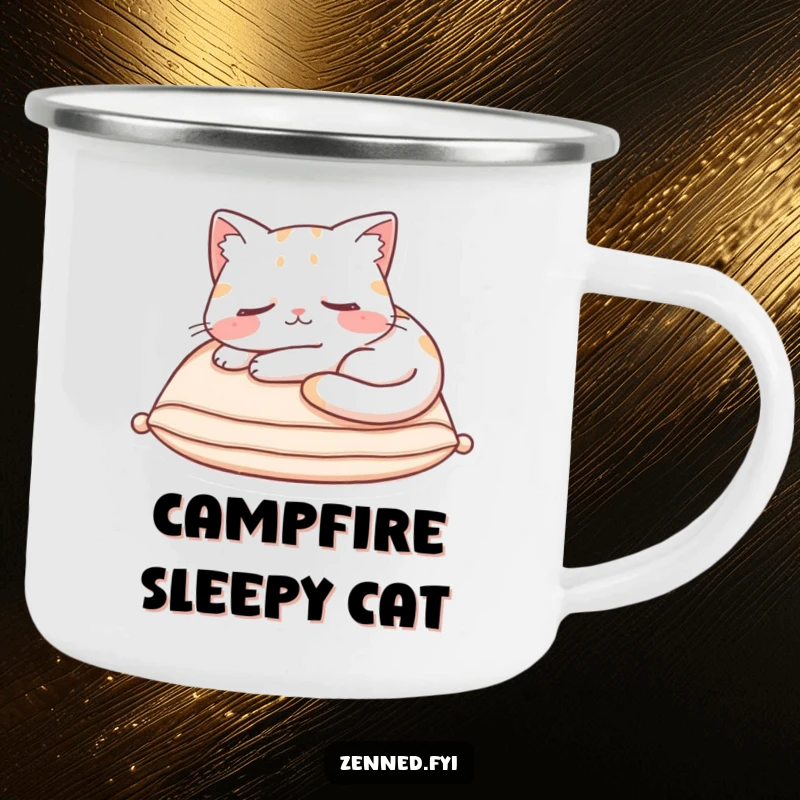 Funny Camping Mug featuring a content cat character asleep on a cushion, radiating hilarious cozy charm for outdoor use.