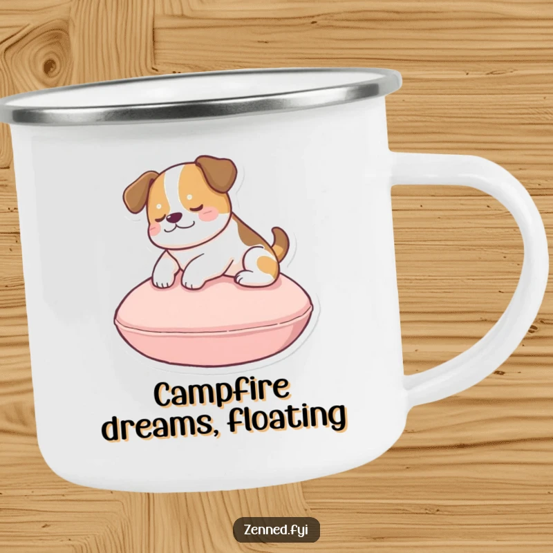 Funny dog cushion camping mug with a peaceful dog gently floating above a round cushion, ideal for outdoor drinks.
