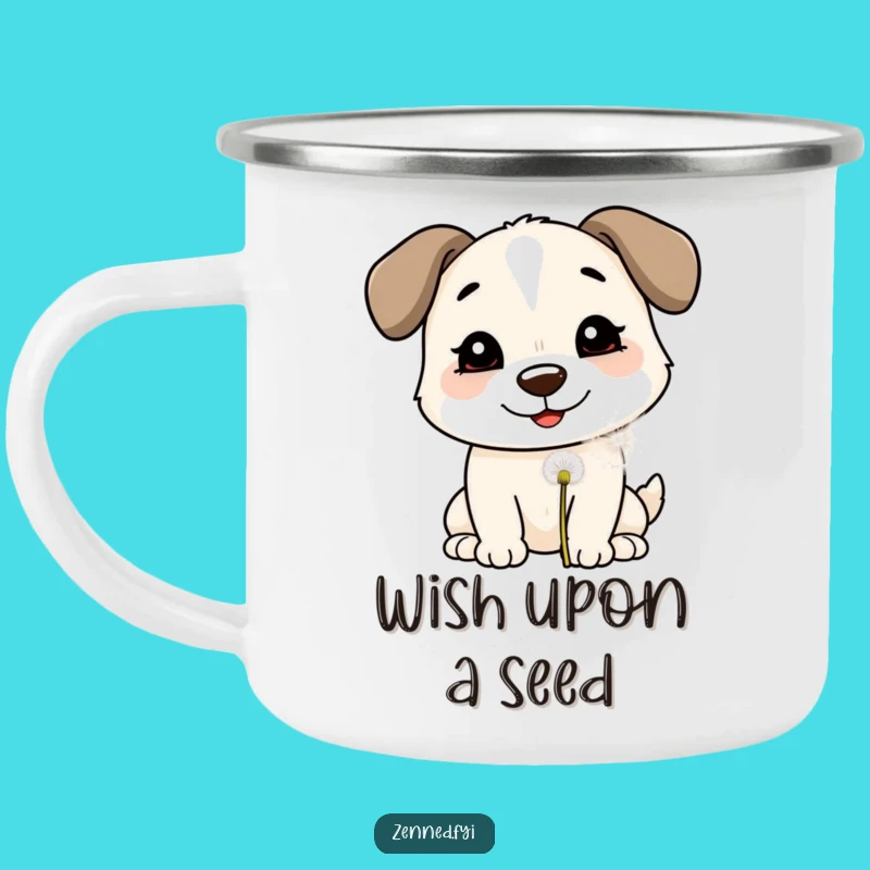 Enjoy your favorite drinks outdoors with this durable and funny camping mug featuring a smiling dog blowing on a dandelion puff. Adventure meets wishes!