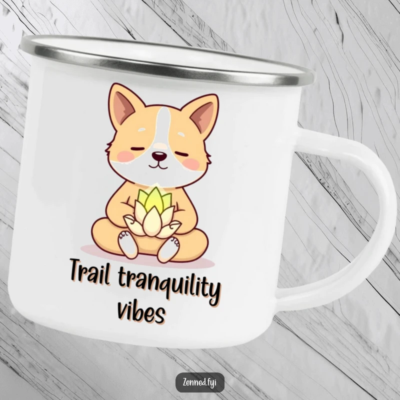 Funny Camping Mug: A serene dog meditating beside a smiling lotus flower, perfect for outdoor zen and humor.
