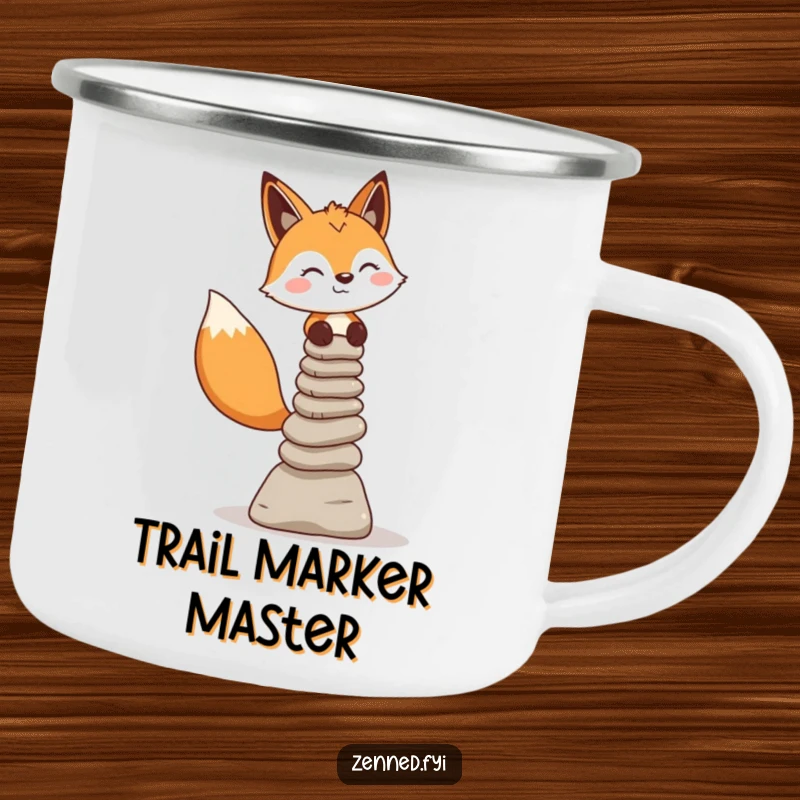 Funny fox character balancing stone cairns on a durable camping mug for outdoor zen and humor.
