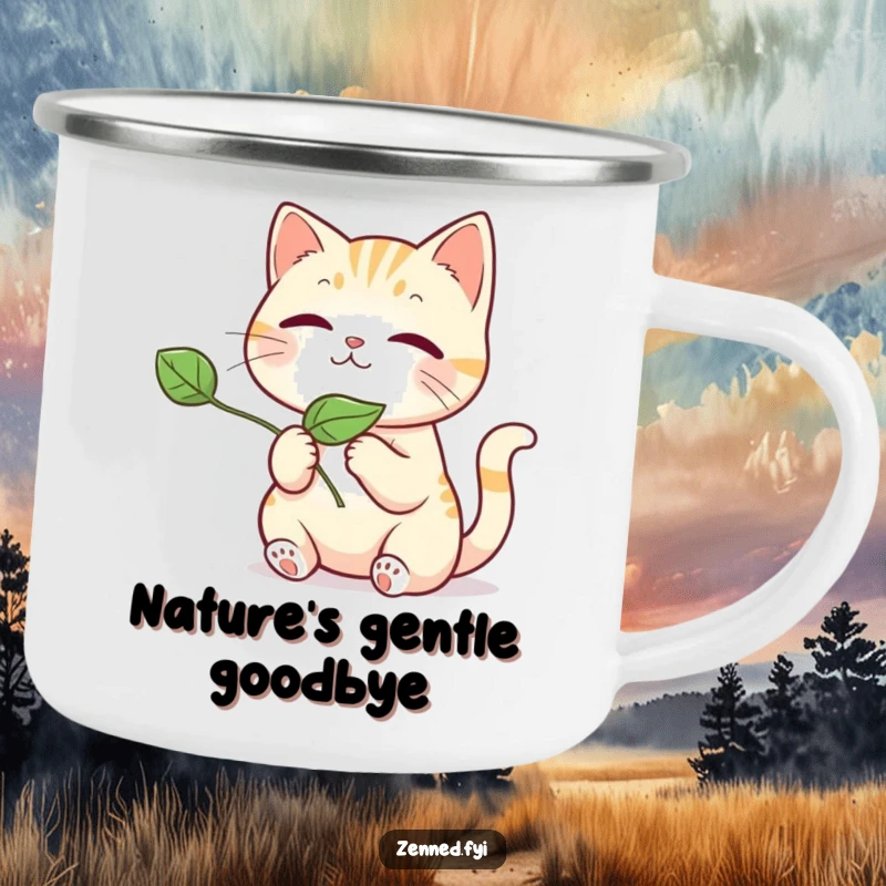 Funny kawaii cat camping mug, showing a cute cat releasing a leaf, perfect for hot beverages during outdoor escapades with a funny twist.