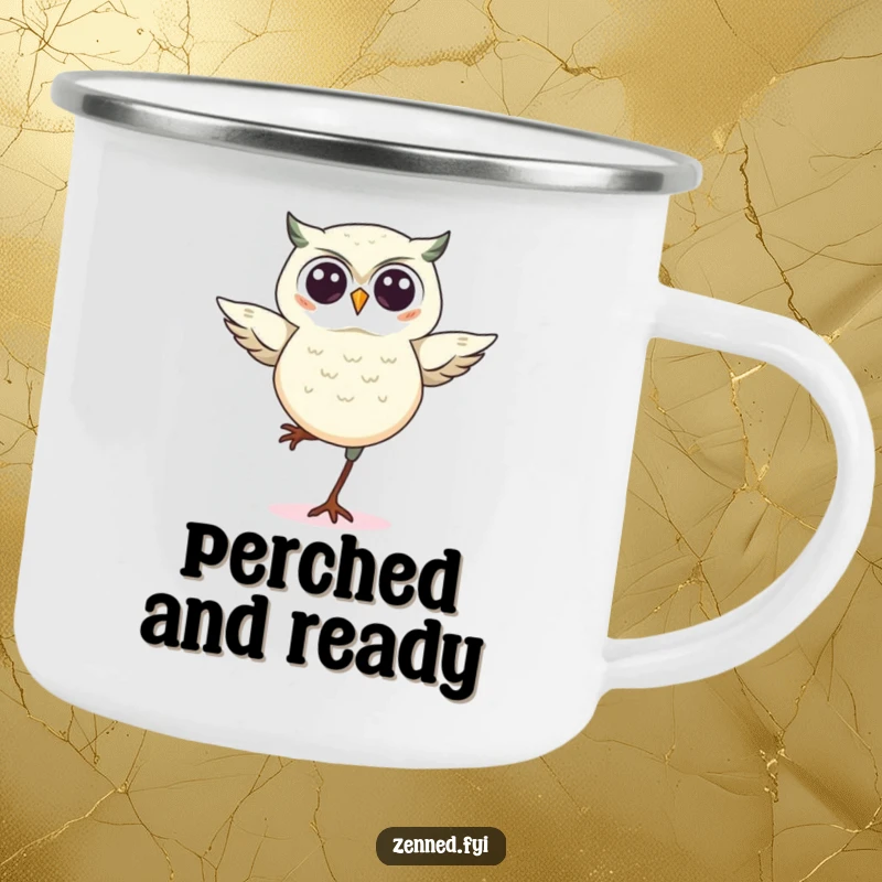 Funny kawaii owl camping mug, showing a cute owl balancing on one leg, perfect for hot beverages during outdoor escapades with a funny, wise twist.