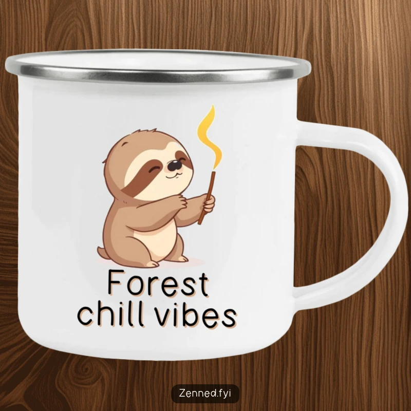Funny sloth slowly reaching for a glowing incense stick on a sturdy camping mug, perfect for relaxed outdoor moments and a funny gift.