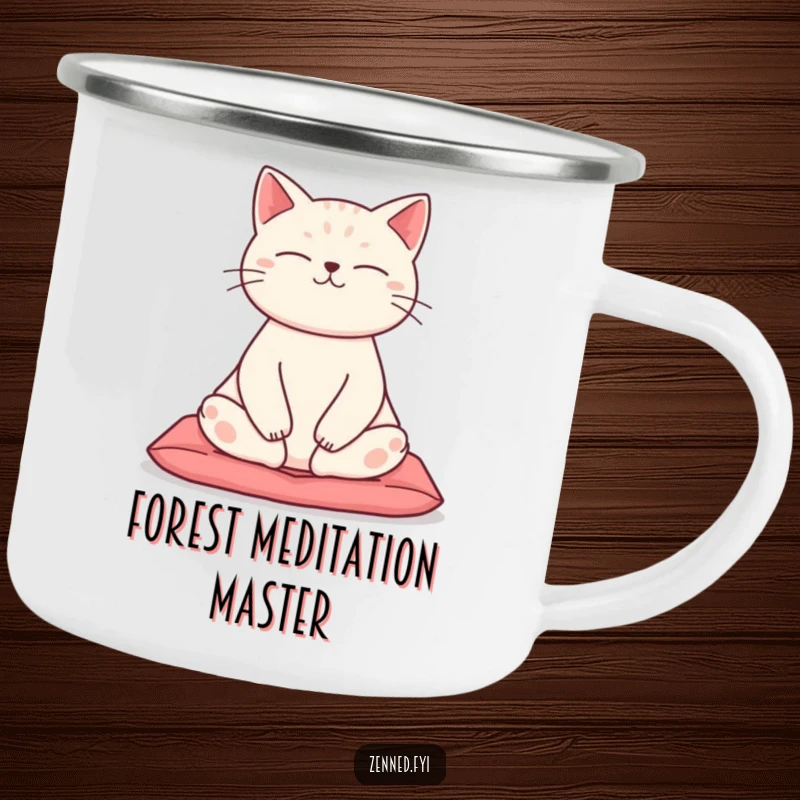 Funny Zen Cat Camping Mug showing a serene cat meditating in a lotus pose, perfect for outdoor coffee or tea with humor.